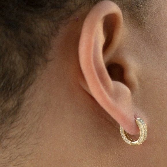 Mens Fully Ice Out 14K Gold Hoop Earrings - Picture 6 of 16